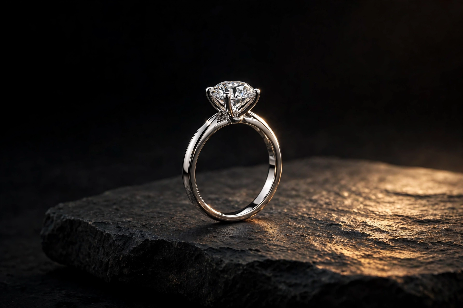 Sample solitaire diamond ring — a round brilliant in a four-claw setting on dark slate, warmly lit