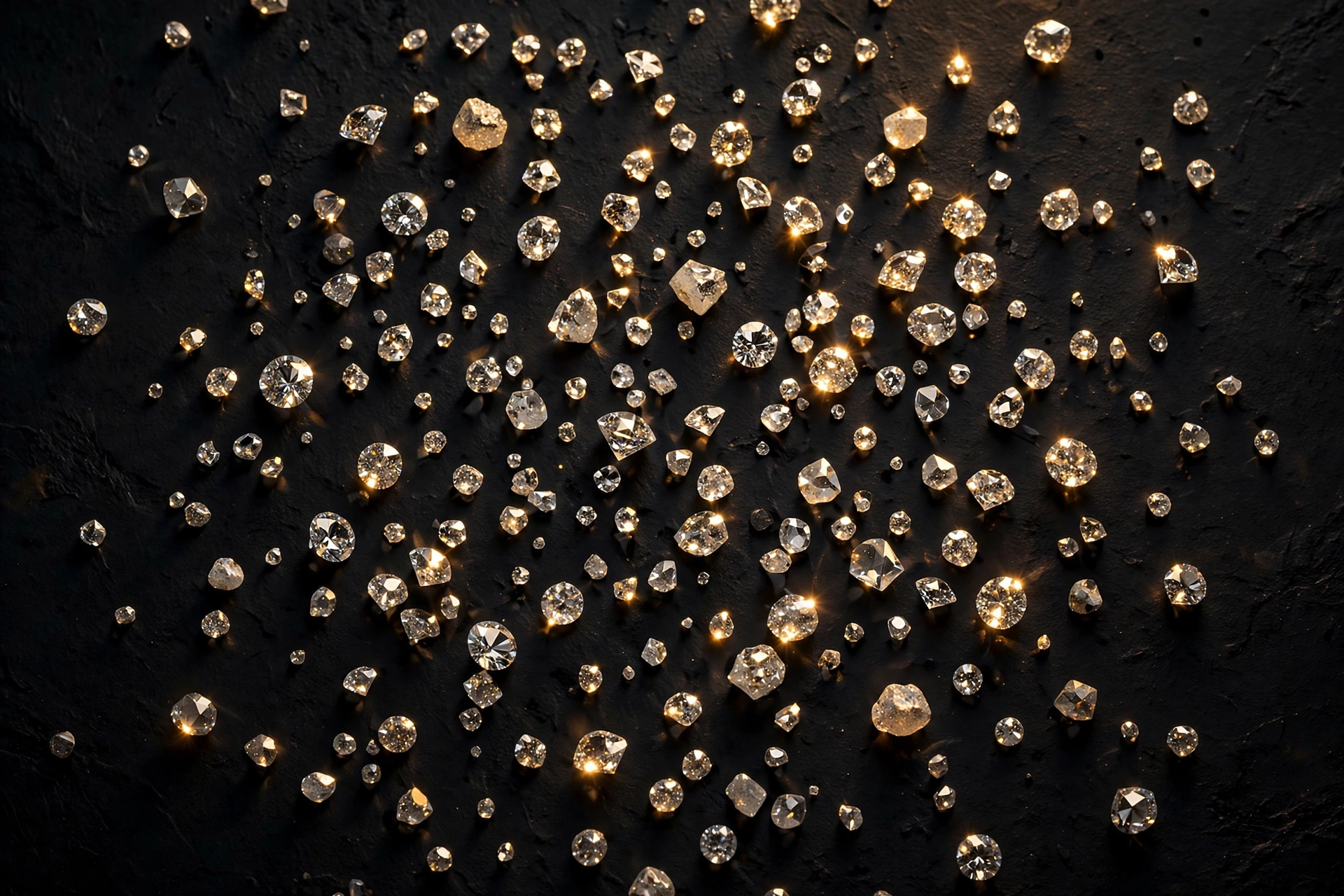 Sample: a parcel of small loose diamonds and melee scattered on a dark surface