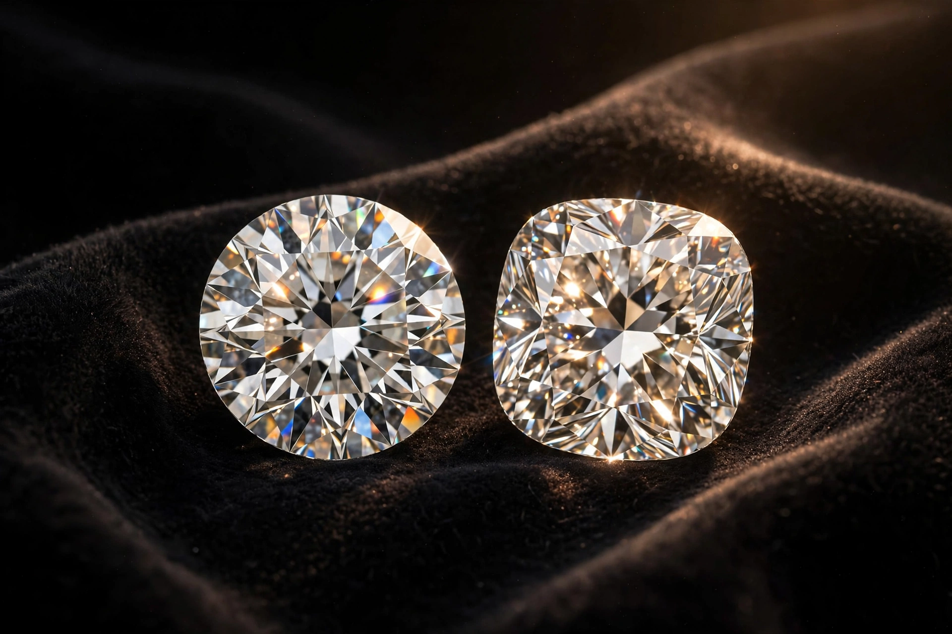 Sample: two loose certified diamonds, a round brilliant and a cushion, on black velvet