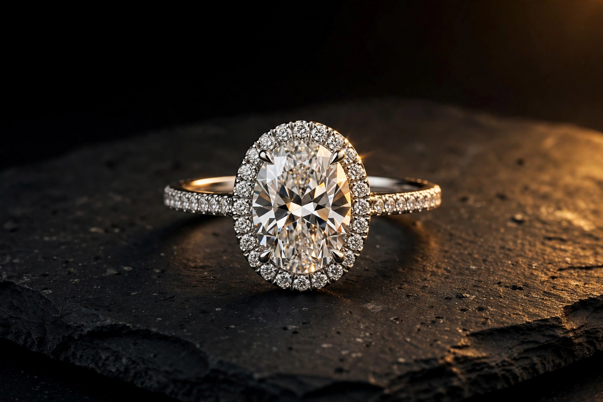 Sample: oval diamond ring with a pavé halo and pavé band on dark slate