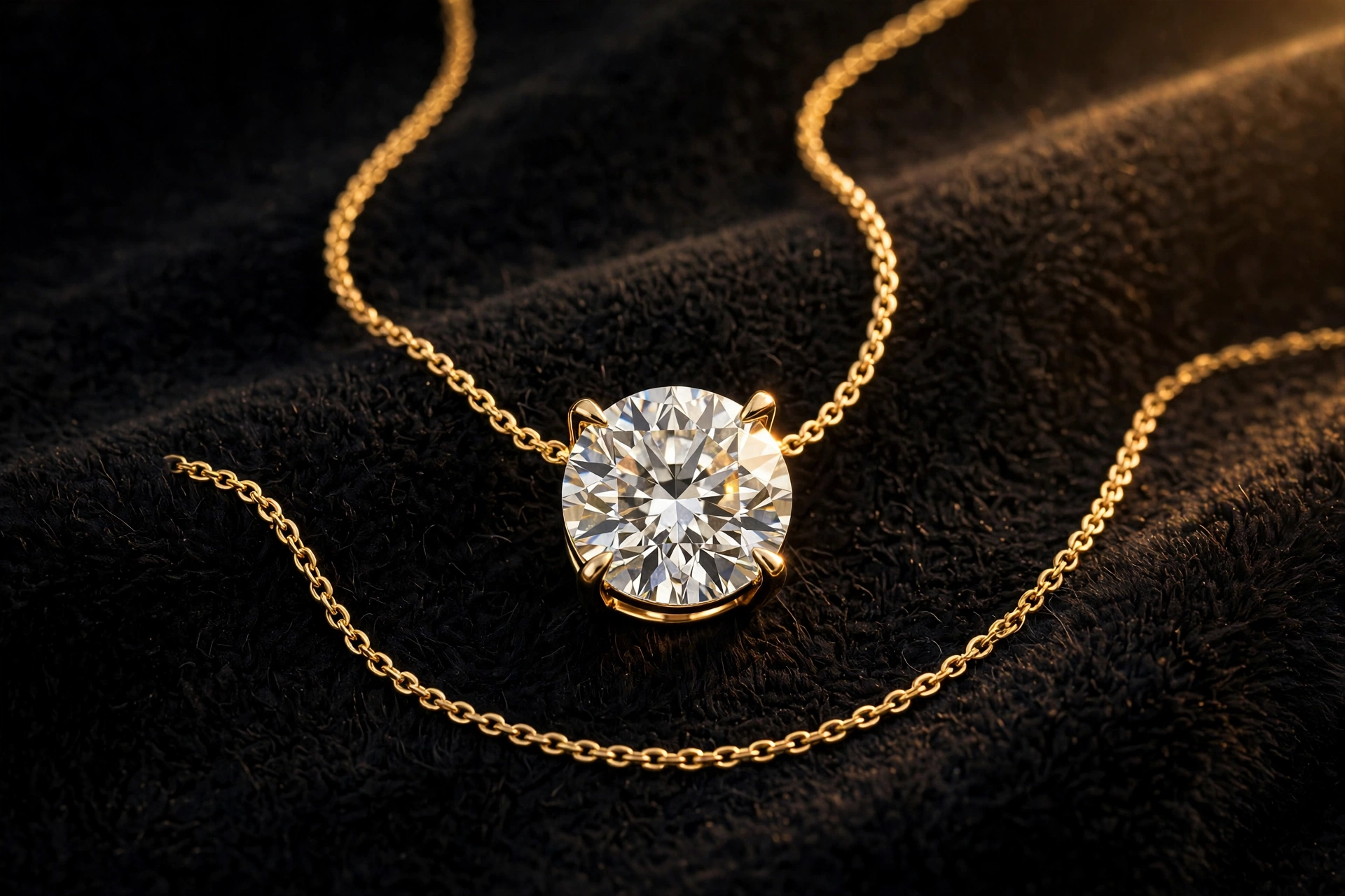 Sample: round brilliant diamond pendant on a fine gold chain, resting on black velvet