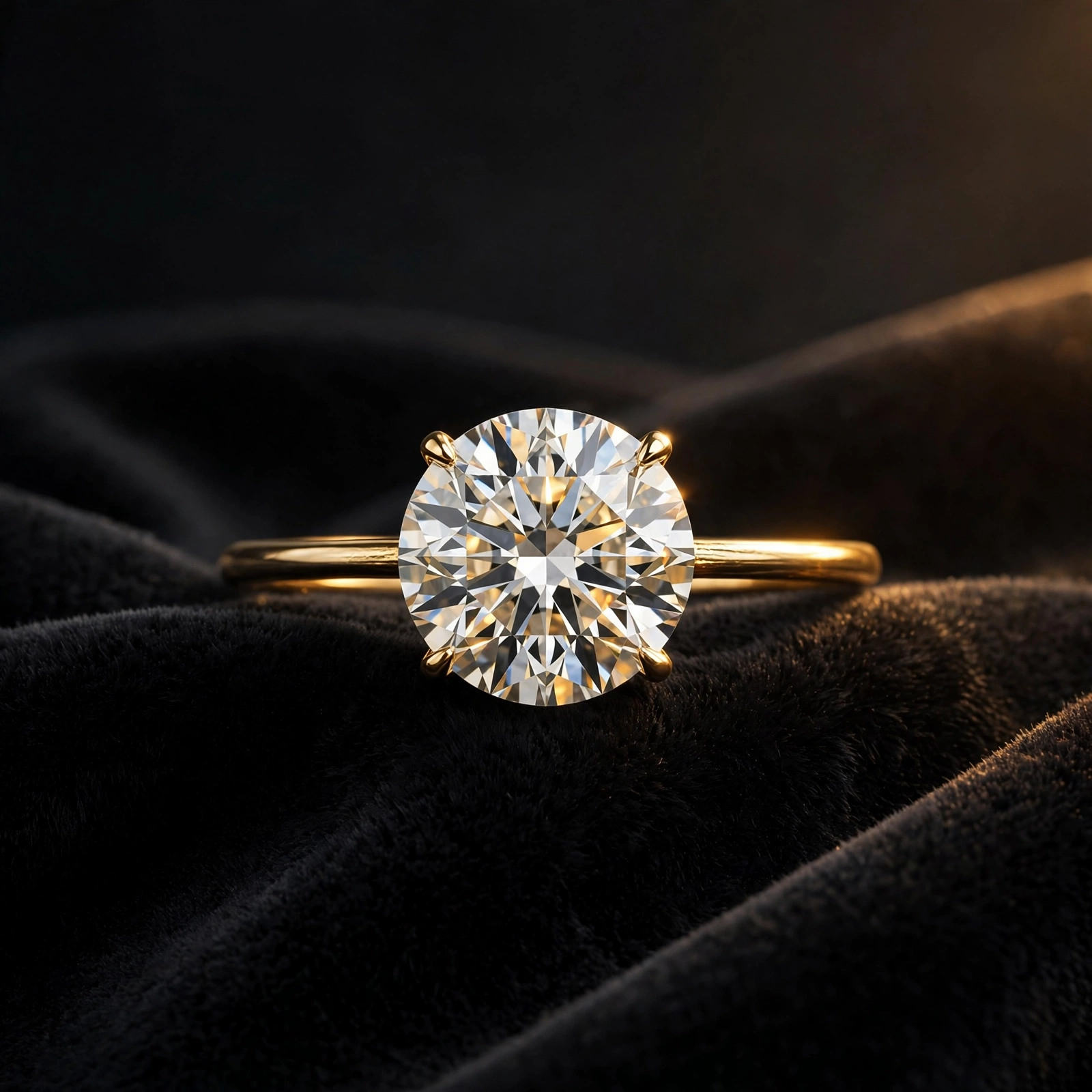 Sample: round brilliant solitaire ring in yellow gold, seen from above on black velvet