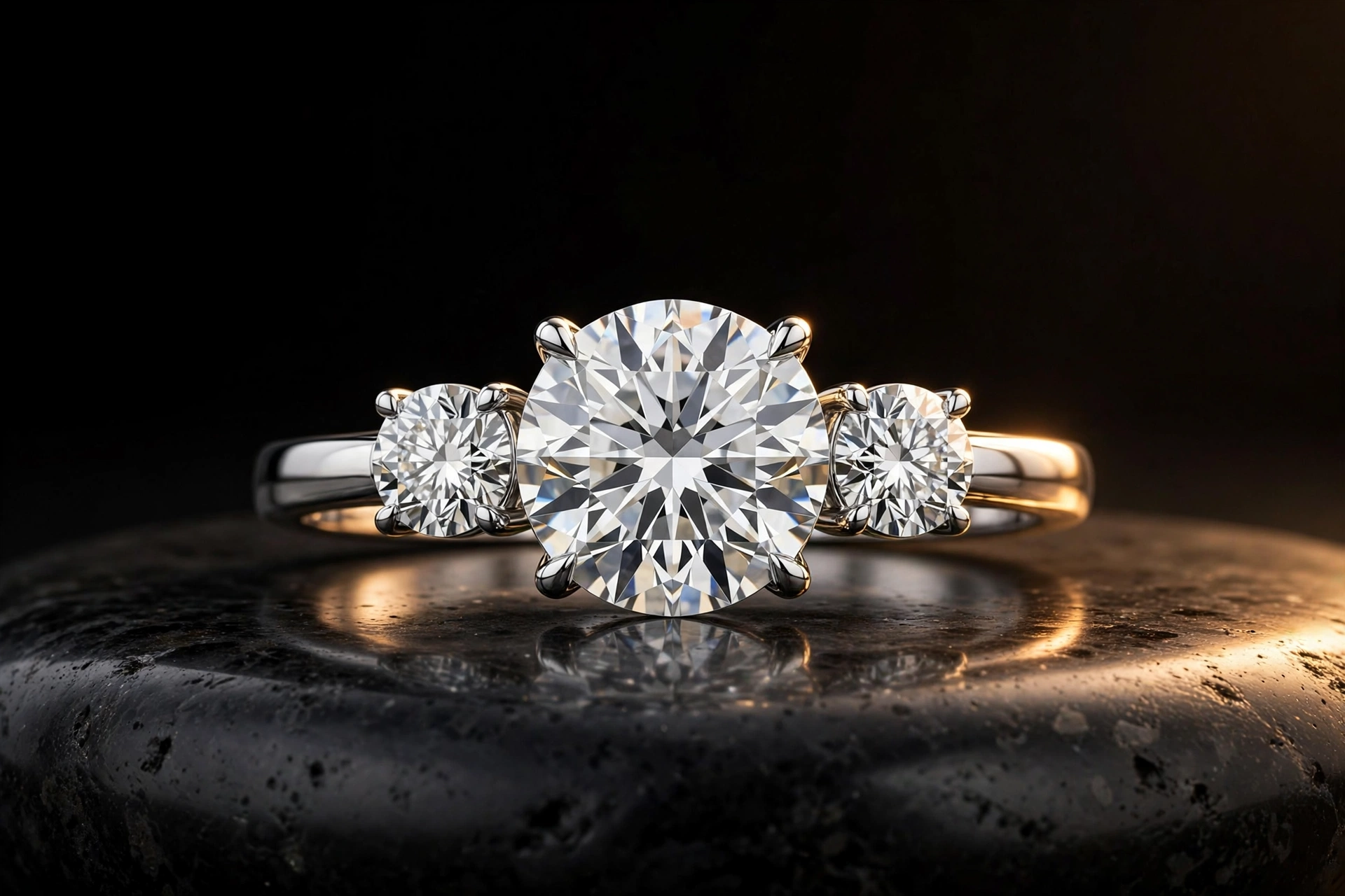 Sample: three-stone diamond ring — a large round center stone between two smaller rounds